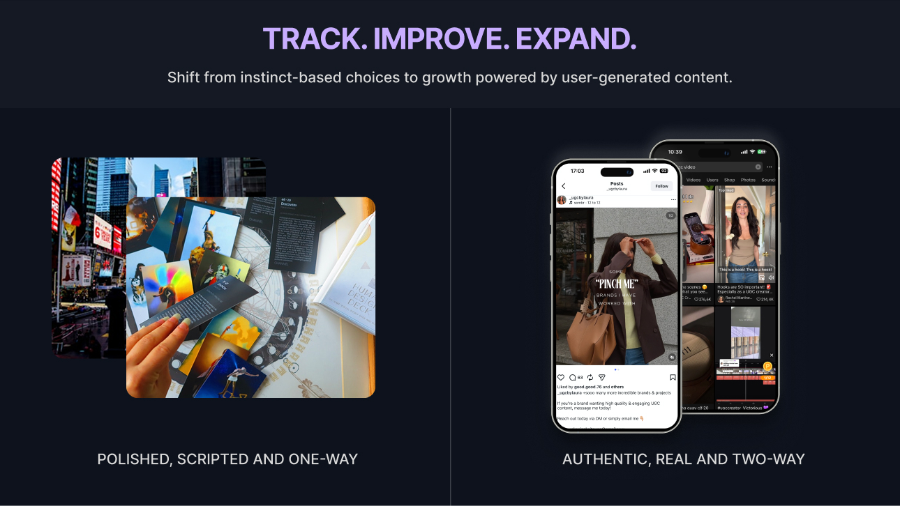 TRACK. IMPROVE. EXPAND. — Polished scripted ads vs authentic UGC content