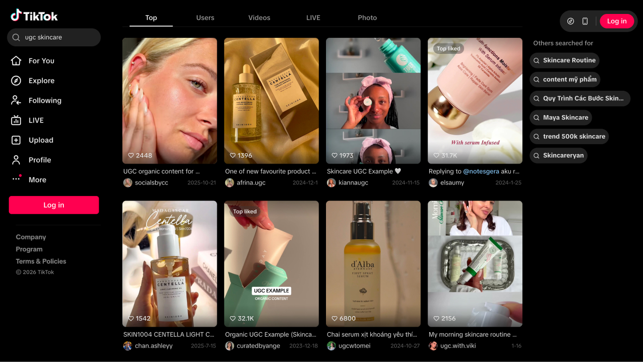 TikTok search results for UGC skincare content