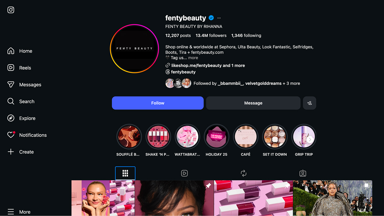 Fenty Beauty Instagram — 13.4M followers, customer UGC strategy