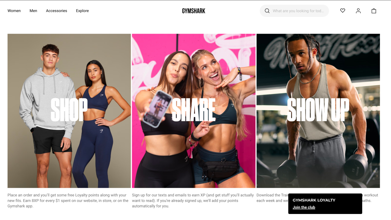 Gymshark website — Shop, Share, Show Up UGC integration